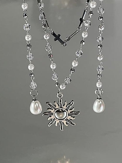 Sunflower Multi-Layered Silver Pendant With Y2K Necklace