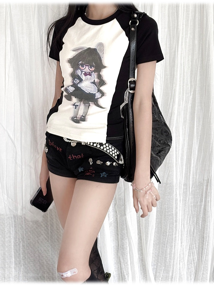 ホワイトカラーブロックデザインブラックアニメガールプリントTシャツと