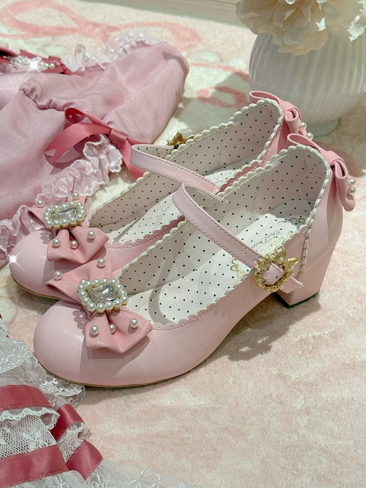 ジェーンズ ボウノット ラインストーン装飾 ラウンド メアリー ロリータ ディテール ビーズトゥ ピンク