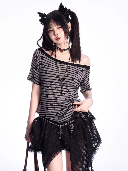 プリントストライプTシャツ グレー アシンメトリーネックライン オールオーバースター