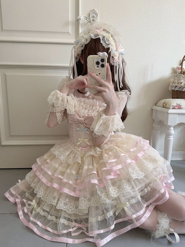 Korsett mit Prinzessinnen-Taille, rosa Tüll, mit großem Rückenrock, JSK, mehrlagige Schleife, Lolita