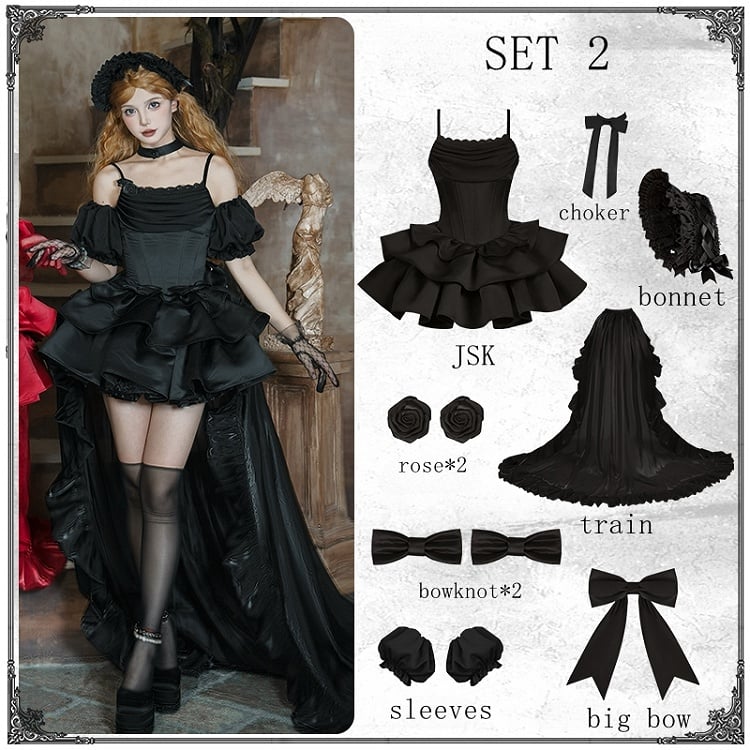 Lolita Vollschwarzes Spaghetti-Set mit Entbeinung, eleganter Taillen-Casual-Baskenrock, Ausschnitt, Kleid, Pullover