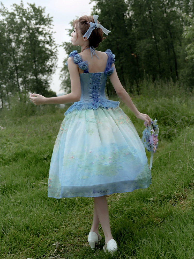 Boned Corset Top with Detachable Floral Adornments Hem Flounce Blue Sky