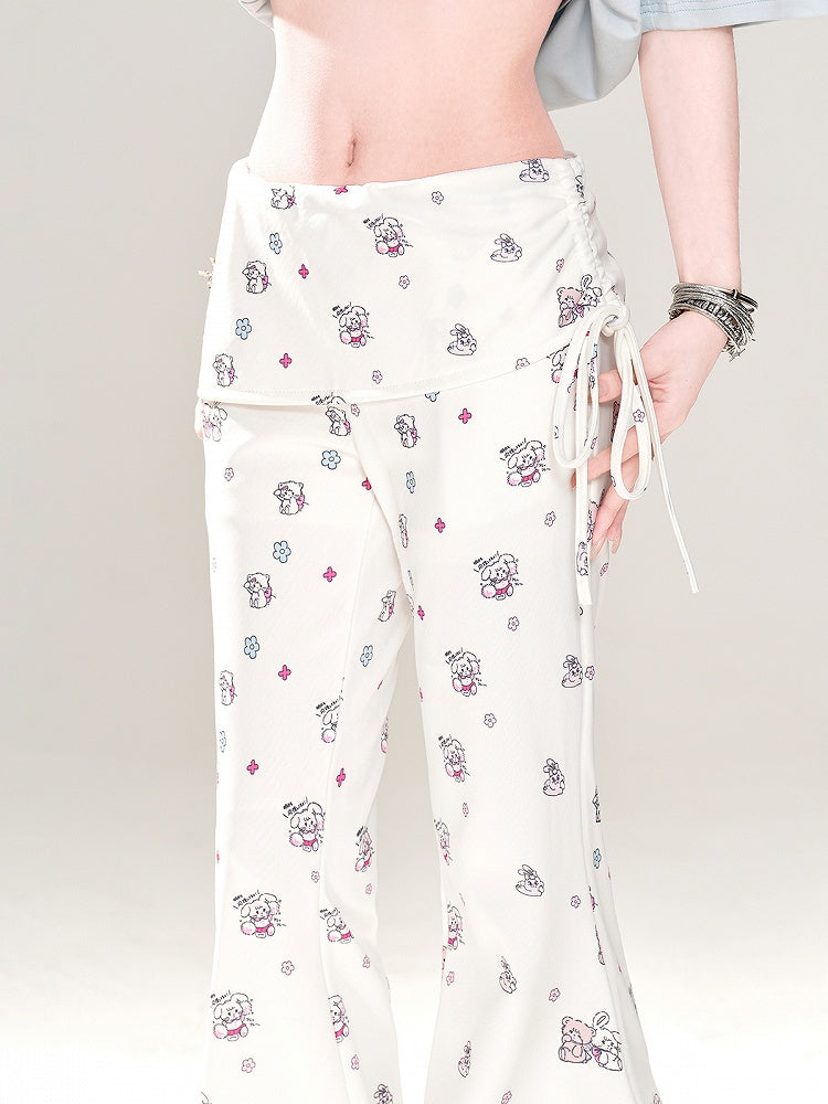 Adorable Bear and Bunny Print Drawstring Design Side White Glamorous Flared Pants