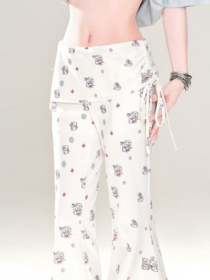 Adorable Bear and Bunny Print Drawstring Design Side White Glamorous Flared Pants