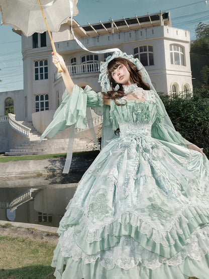 Green Accents Hanayome Ruffles Long Rose Version Layered Dress Light Lolita JSK with Flowing