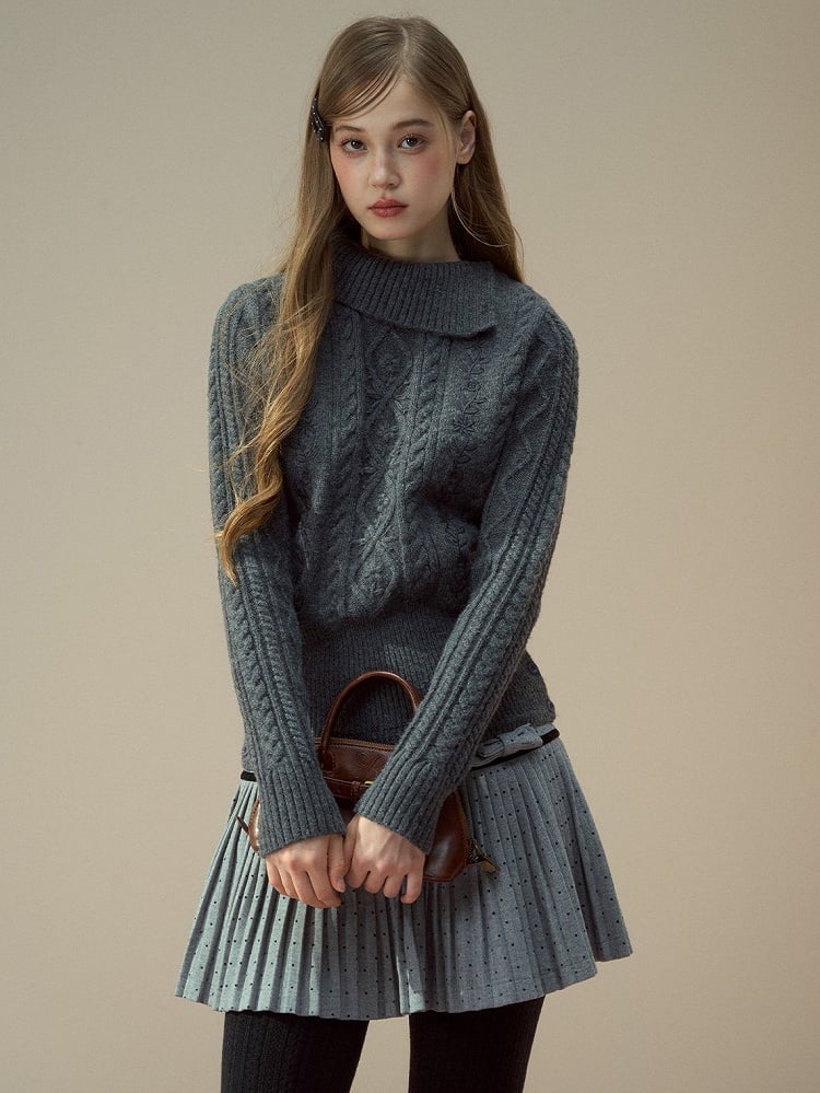 Neck Mock Knit Gray Elegant Cable Sweater Vintage