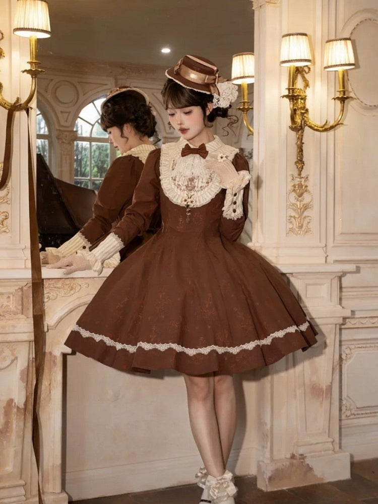 Brown Lace OP Dress with Detachable Bow - iris de nuit