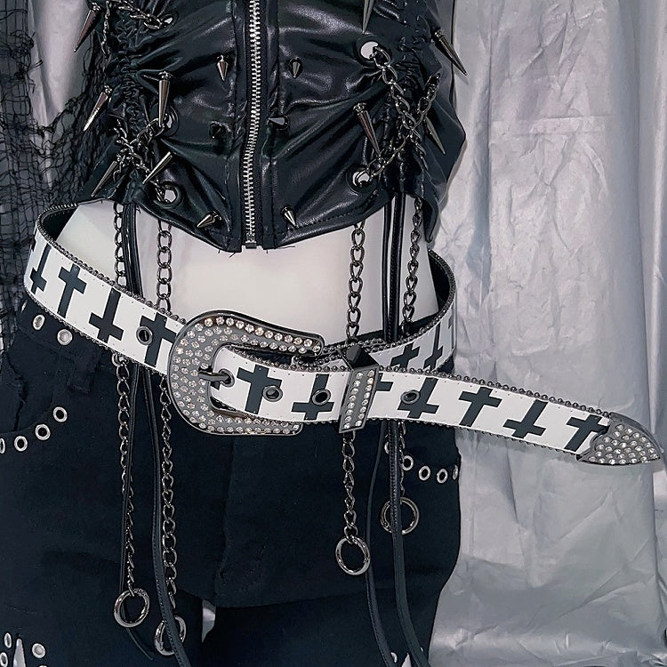 Rhinestone Decorated Beaded And Punk White/Black Print Cross