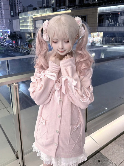 Sailor Heart Crossed Kei Jirai Sweet Pink Sweater Knit Collar Lacing Buttons with