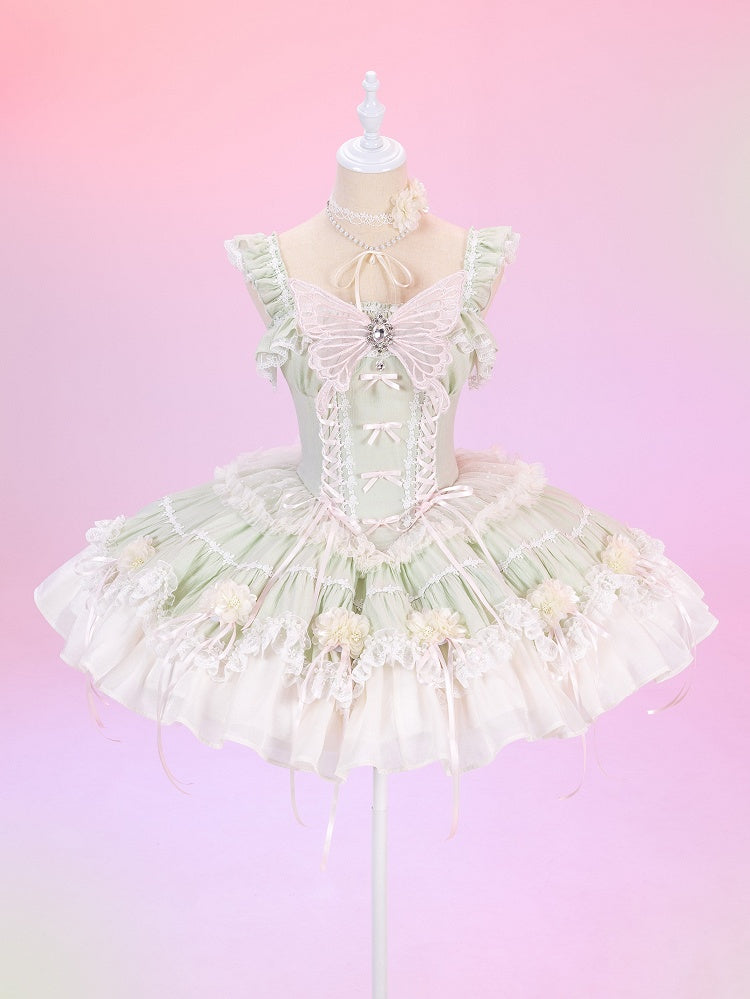 Fairy Light Green Boned Corset Waist Dress - Princess Lolita Jumper Skirt with Flowers - DevilInspired Exclusive Collection