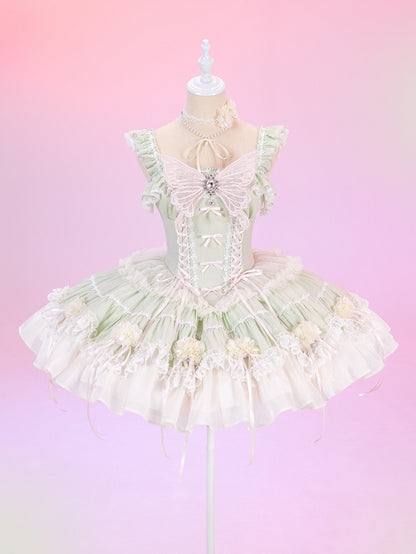 Fairy Light Green Boned Corset Waist Dress - Princess Lolita Jumper Skirt with Flowers - DevilInspired Exclusive Collection