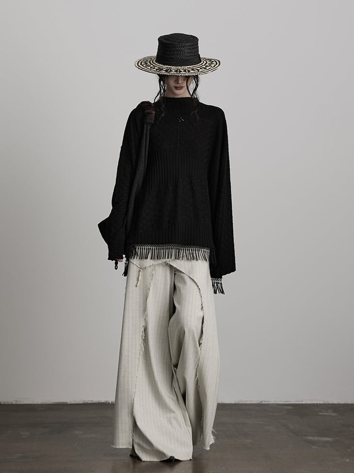 Asymmetrical Goth Frayed Apricot Pants Urban Wide-Leg Cut Striped