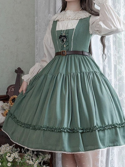 Green Elegant Classic Lolita JSK Dress with Ruffled Front Placket and Lace Trim