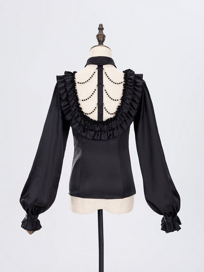 All Black Lace-up Ruffled V-neck Long Sleeves Backless Shirt - DevilInspired Exclusive Collection