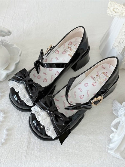 with Trim Details Bow Heel Mary Janes Lace Toe Round Black Low/Mid Lolita - Sweet