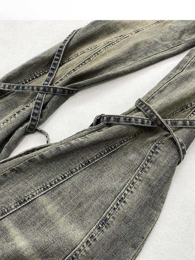 Design Jeans Silhouette Schnürung Verblasst Glamourös Waschung Bittersüß Detail Kawaii Grün Flare