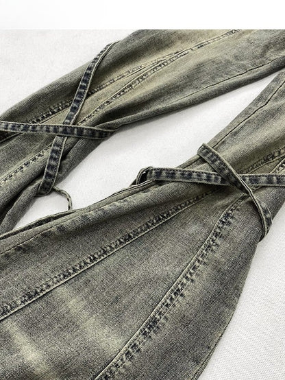 Design Jeans Silhouette Schnürung Verblasst Glamourös Waschung Bittersüß Detail Kawaii Grün Flare