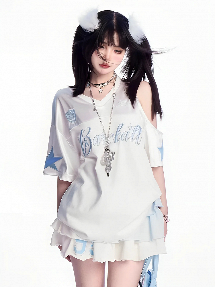 T-shirt Weiß V-ausschnitt Ausschnitt Schulter Brief Stickerei Lose