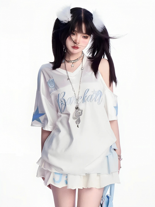 Tシャツ ホワイト Vネック カットアウト ショルダー レター刺繍 ルーズ