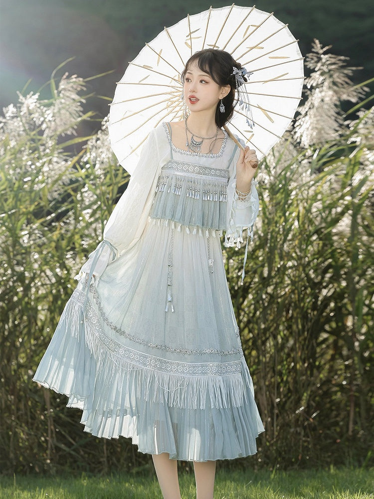 Square Neck Long Sleeve Han-Element Top in Light Blue with Tassel Dress Combo - Han Ru Chu Hanfu & Han-Element Studi