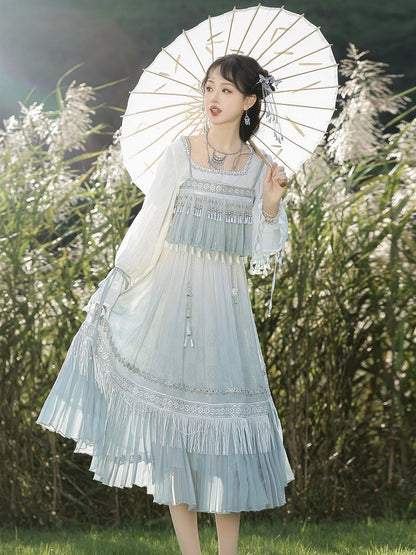 Square Neck Long Sleeve Han-Element Top in Light Blue with Tassel Dress Combo - Han Ru Chu Hanfu & Han-Element Studi