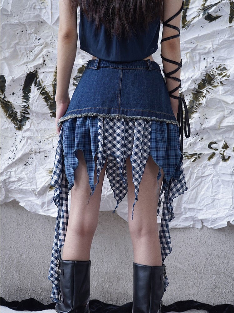 Punk Denim Patchwork Skirt with Lace-Up  Plaid Asymmetrical Hem Blue