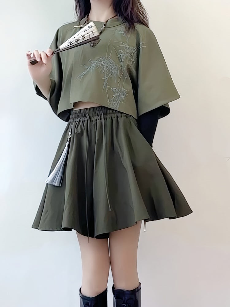 Green Drawstring Elastic Skort with Tassel Accents - Feng Hua Gui Guo Ling