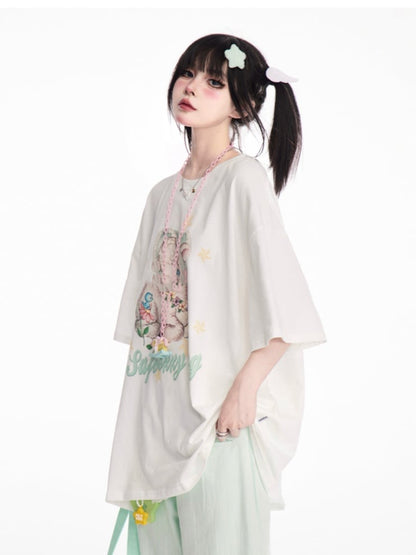 Tシャツ ホワイト ラウンドネック キュート 鹿柄 ルーズ