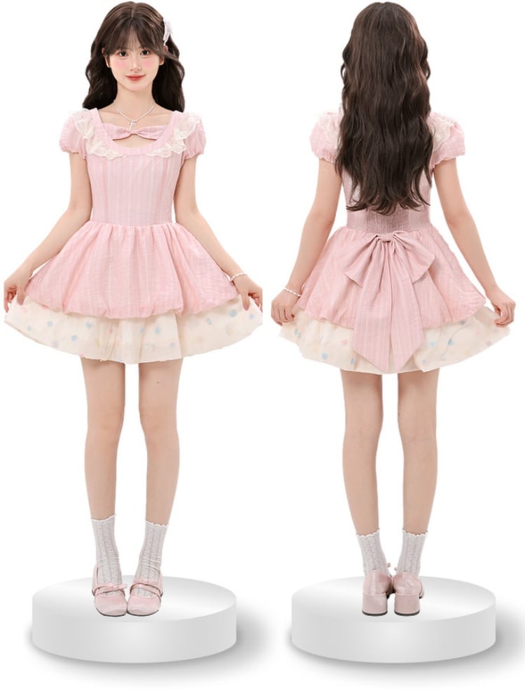 Rosa Bowknot Detail Ausschnitt Stufenrock Saum Süßes Kleid Bunte Polka Dot