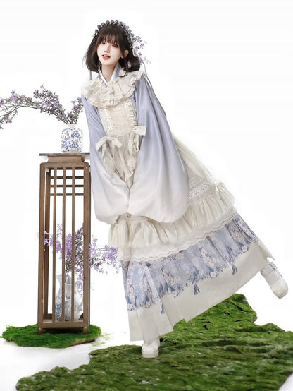 Cross-Collar Skirt Set Apron + Ruffled Top Print Trimmed Floral Purple White Lace Lolita Beige