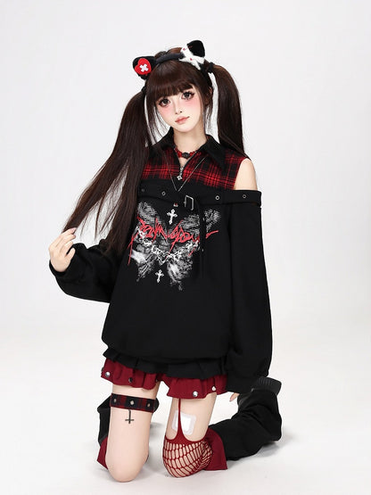 Hot Girl Style Cold Shoulder Sweatshirt with Pixel Butterfly Print in Red and Black Plaid Faux Two-Piece - CRAZY GIRL