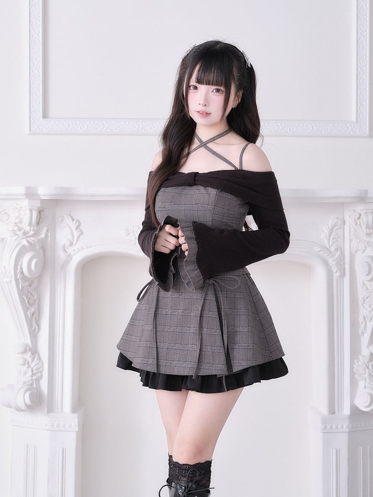 Jirai Set Crisscross Skirt Top Plaid + Off-Shoulder Gray Design Black Bow Long Ruffled With Sleeve Strap Kei