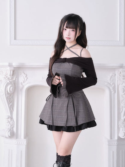 Jirai Set Crisscross Skirt Top Plaid + Off-Shoulder Gray Design Black Bow Long Ruffled With Sleeve Strap Kei