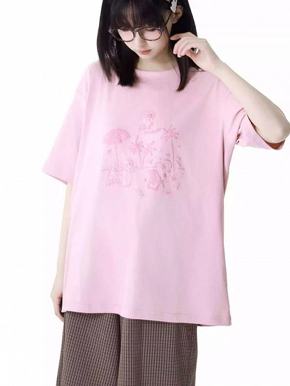 ルーズグラフィティTシャツ パピー ラウンドネック グレー/ピンク/ライトパープル