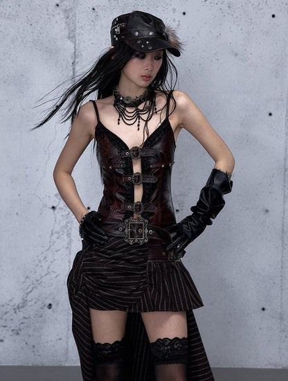 Adjustable Cami Straps with Red Shoulder Lace Ruffle Punk Trim Dark Rock Top