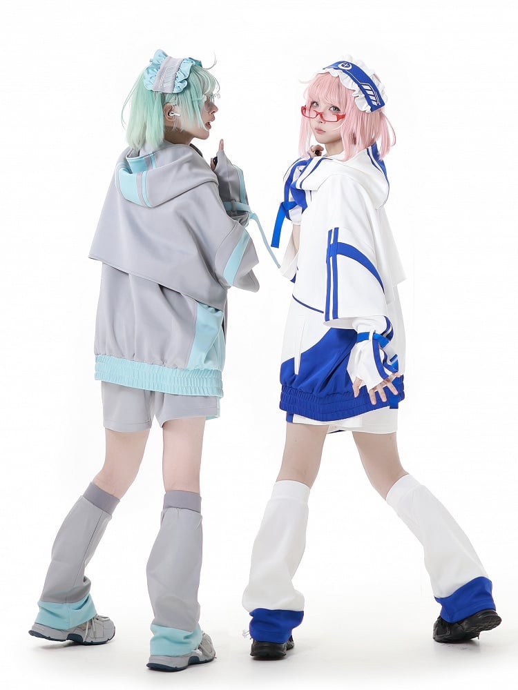 Hoodie Green and Gray Jirai Kei Techwear Straps Design Short Zipper Sleeves