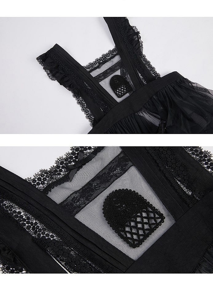 with Embroidered Pocket Overdress Black Lolita Lace-Trimmed