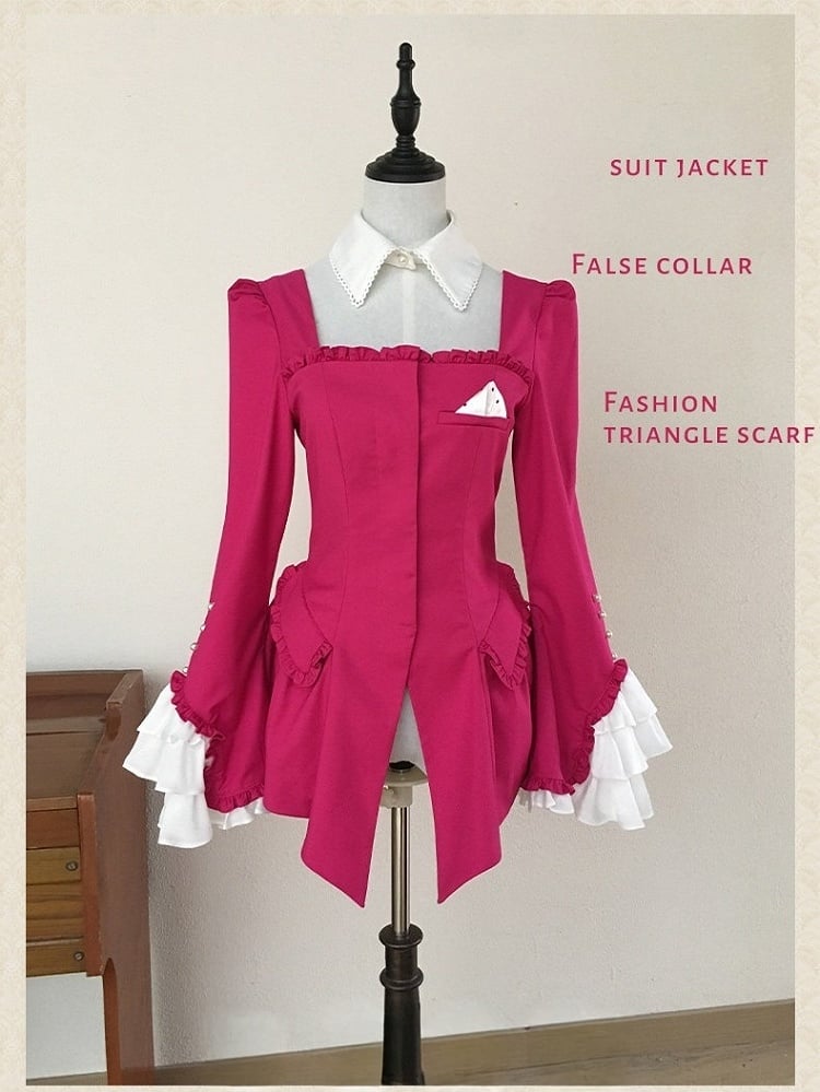 Retro Pink Blazer & Polka Dot Skirt Ensemble with Bow Accents and Detachable Collar - Charing Cross