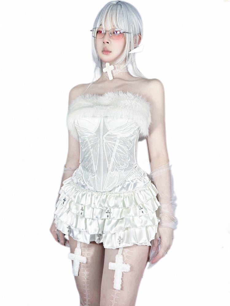 Gothic White Cross Charms Tiered Ruffles Satin Skort