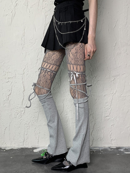 グレーのレッグセルフタイストラップY2Kスリーブ