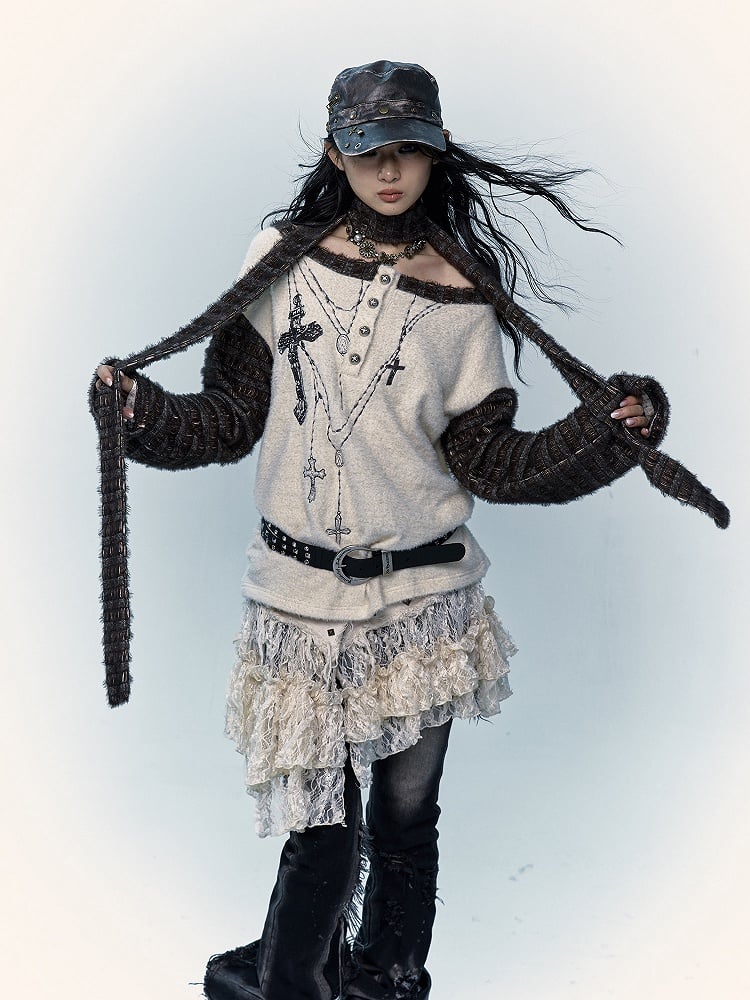 Off-Shoulder Cross Apricot Top mit Schal