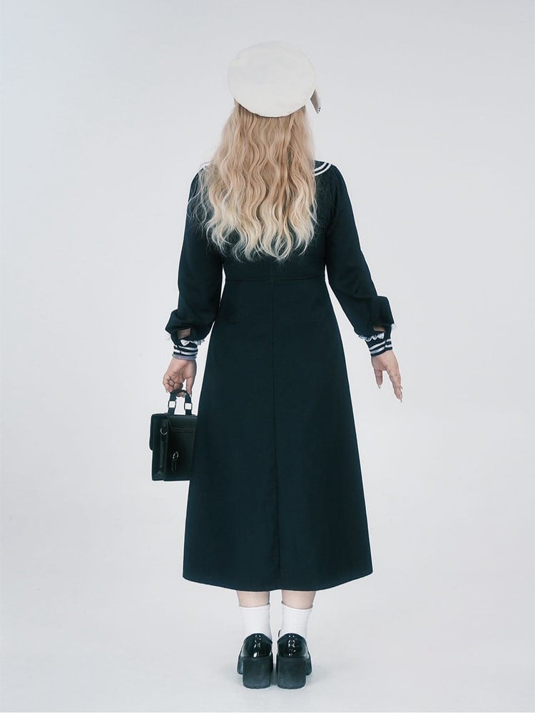 Midi JK Dress Size Striped Uniform Accents Preppy Black with Faux Plus Collar Two-Piece Sailor