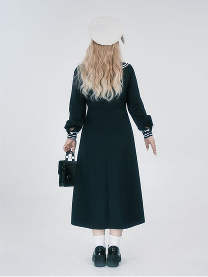 Midi JK Dress Size Striped Uniform Accents Preppy Black with Faux Plus Collar Two-Piece Sailor