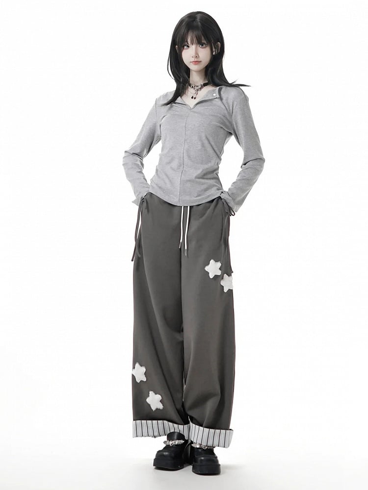 Gray/Black/Beige Plush with Rolled Star Cuffs Appliques Dark Sweatpants Striped