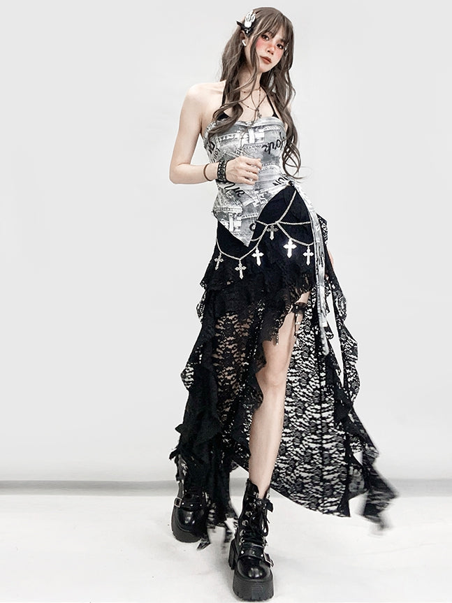 Schlitz Bittersüß Asymmetrisch Glamouröser Rock Oberschenkelhoch Schwarz Saum Spitze