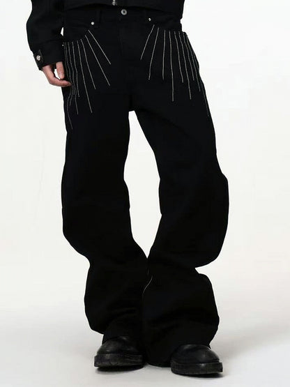 Black Curved Leg Pants with 3D Line Embroidery - DETW OnLine