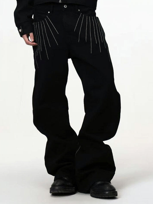 Black Curved Leg Pants with 3D Line Embroidery - DETW OnLine