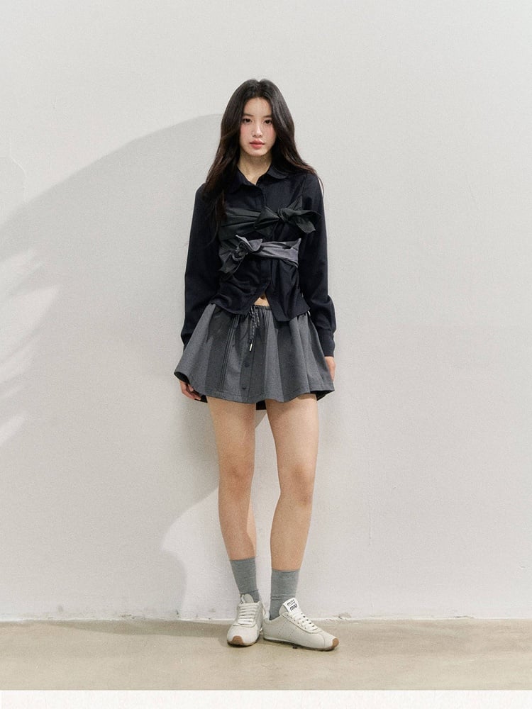 A-line Kawaii Gray Details Skirt Button with