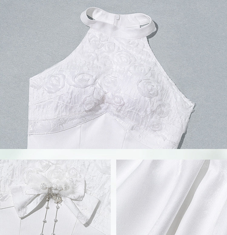 白い花柄ボディスホルターネックフェアリードレス